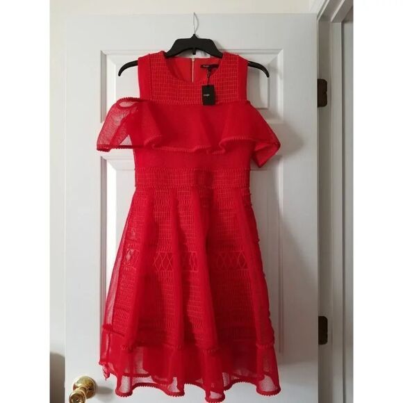 Maje Rosalie Red Ruffle Dress Sz 2 - Picture 5 of 8